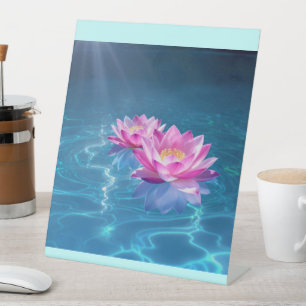 Pink Lotus Flowers Floating on Crystal Blue Water Pedestal Sign
