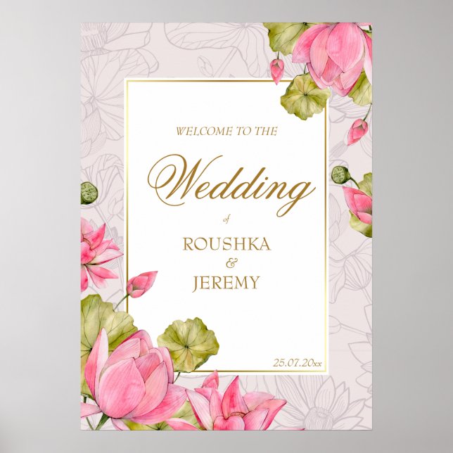 Pink lotus flowers golden border welcome sign (Front)