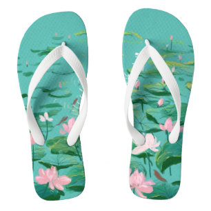 Pink Lotus Flowers Green Leaves Floral Garden Flip Thongs