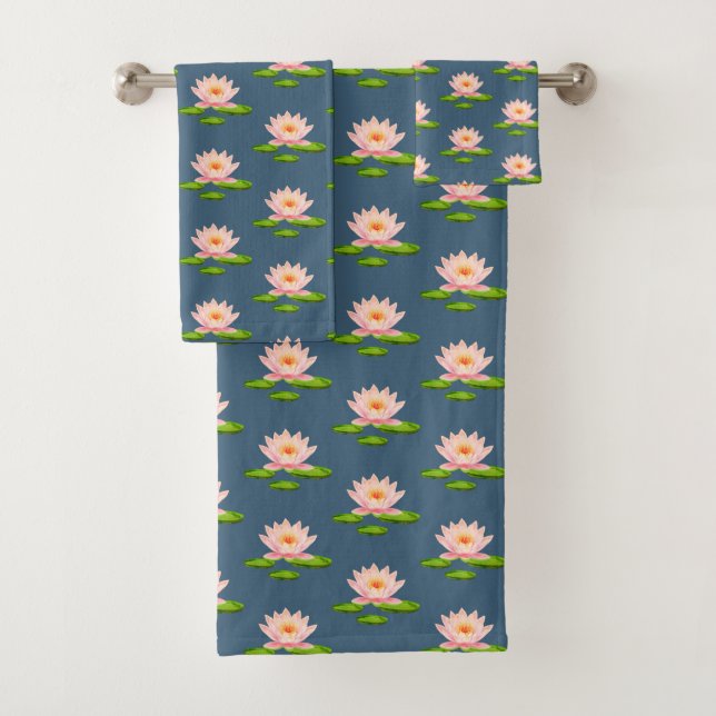 Pink Lotus Flowers & Lily Pads on Blue Bath Towel Set (Insitu)