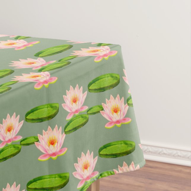 Pink Lotus Flowers & Lily Pads on Laurel Green Tablecloth (In Situ)
