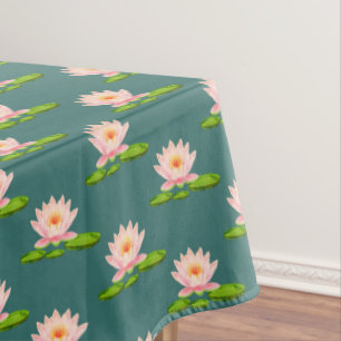 Pink Lotus Flowers & Lily Pads on Sapphire Green Tablecloth