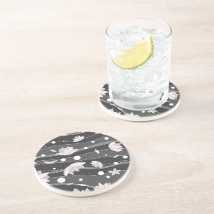 Pink Lotus Flowers on Black Stripes Coaster