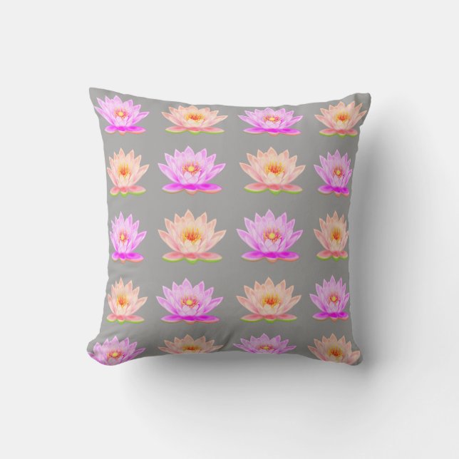 Pink Lotus Flowers on Light Grey Throw Pillow (Front)