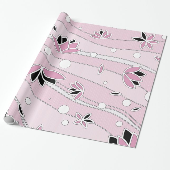 Pink Lotus Flowers on Pink Stripes Wrapping Paper (Unrolled)