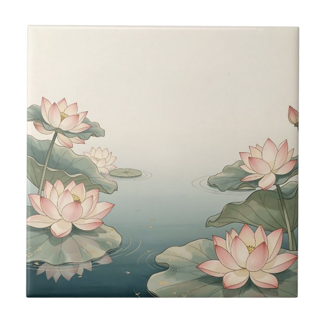 Pink Lotus Flowers Pond Zen Serenity  Ceramic Tile (Front)