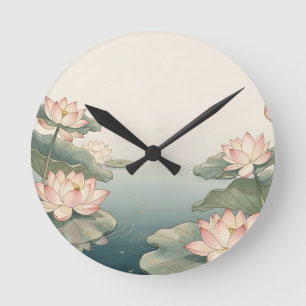 Pink Lotus Flowers Pond Zen Serenity Round Clock