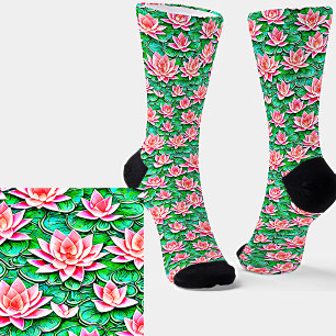 Pink Lotus Flowers Standing Up On Green Leaves  Socks