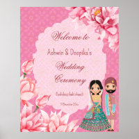 Pink lotus flowers with cute Indian bridal couple