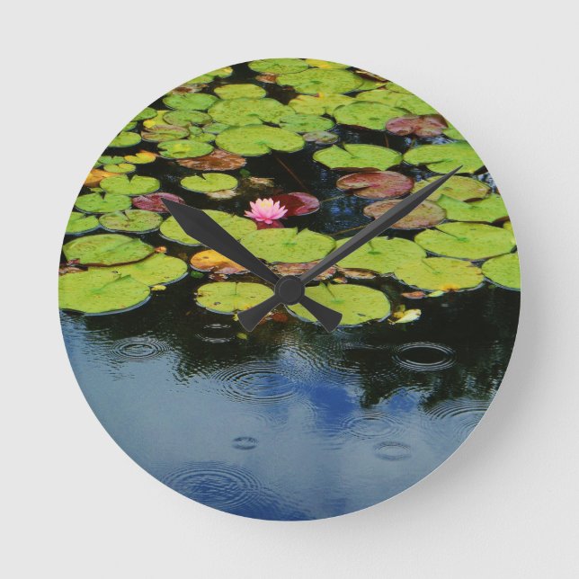 Pink lotus in Rain Round Clock (Front)