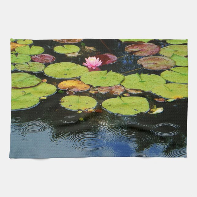 Pink lotus in Rain Tea Towel (Horizontal)