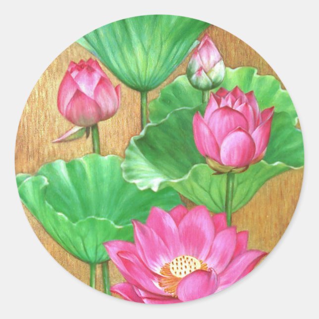 Pink lotus on gold paint background classic round sticker (Front)