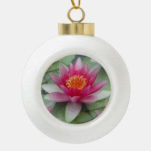 Pink Lotus Water Lily Ceramic Ball Christmas Ornament