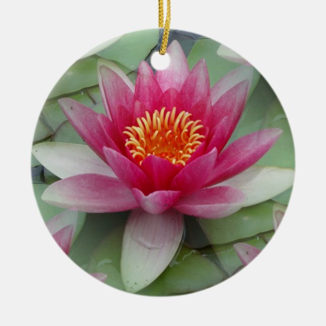 Pink Lotus Water Lily Ceramic Ornament (Front)