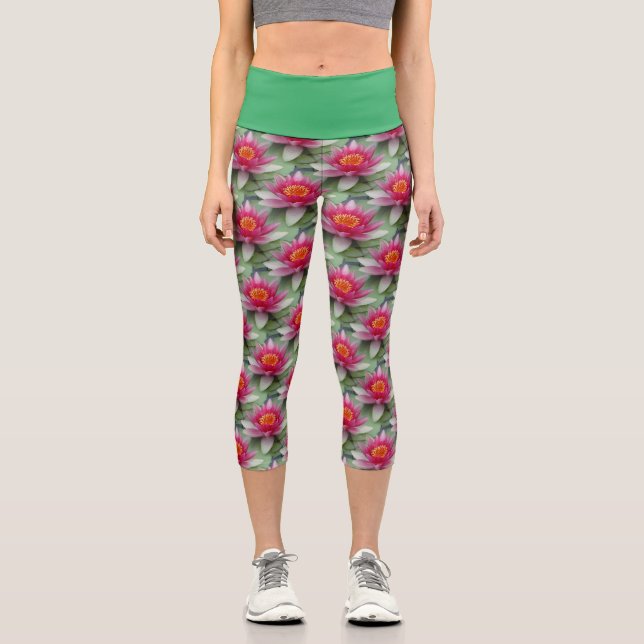 Pink Lotus Water Lily High Waisted Capris (Front)