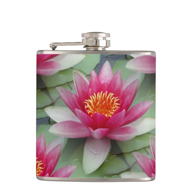 Pink Lotus Water Lily Vinyl Wrapped Flask (Front)