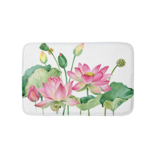 Pink Lotus Watercolor Border Bath Mat