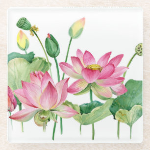 Pink Lotus Watercolor Border Glass Coaster