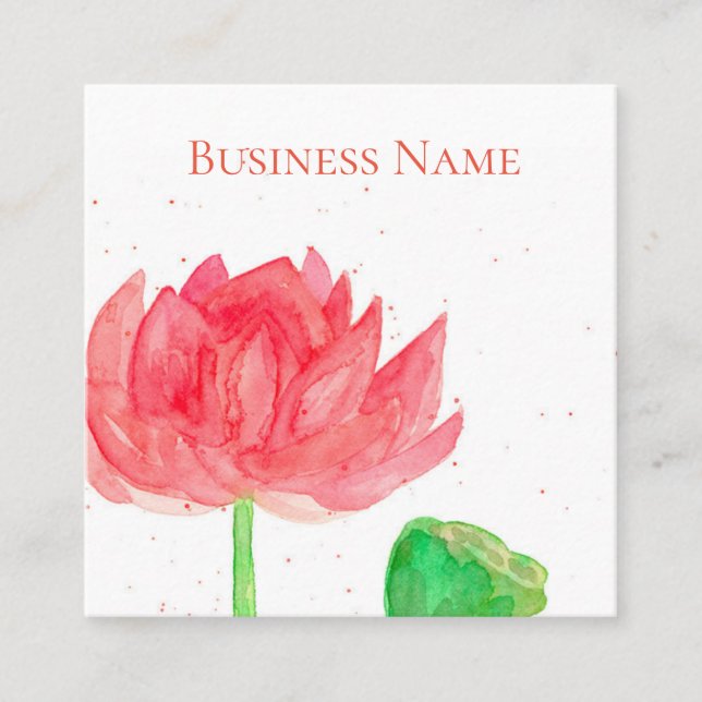 Pink Lotus Watercolor Flower Square Business Card (Front)