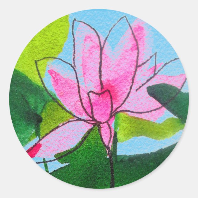 Pink lotus waterlily floral wedding classic round sticker (Front)
