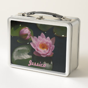 Pink Lotus Waterlily Flowers Metal Lunch Box