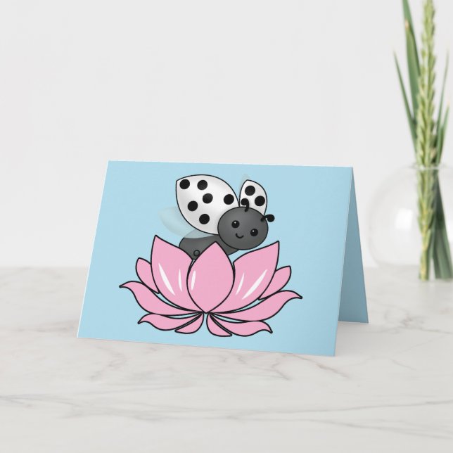 Pink Lotus White Ladybug Card (Front)