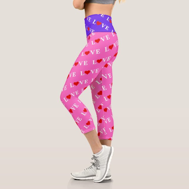 Pink LOVE and Heart Girly Chic Modern Elegant Capri Leggings (Left)