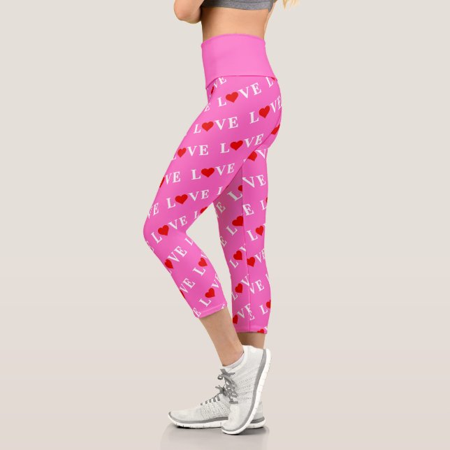 Pink LOVE and Heart Girly Chic Modern Elegant Capri Leggings (Left)
