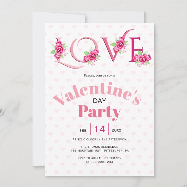 Pink LOVE and roses Valentines Day party Invitation (Front)