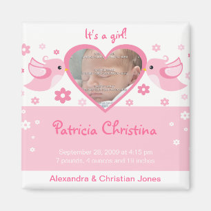 Pink Love Birds Photo Baby Birth Announcement Magnet