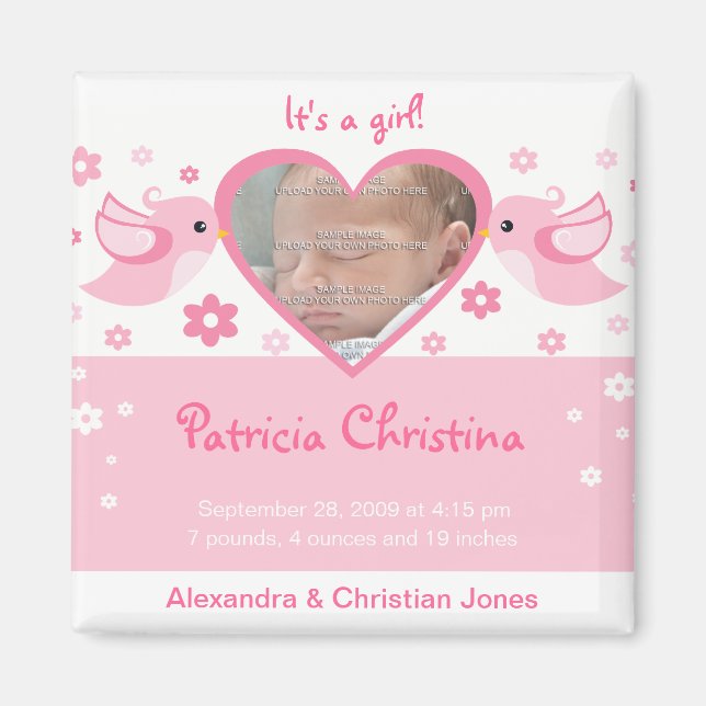 Pink Love Birds Photo Baby Birth Announcement Magnet (Front)