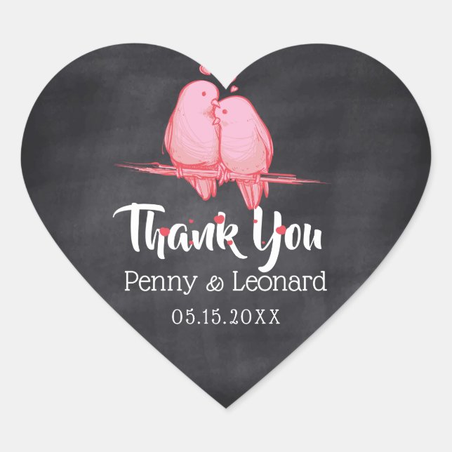 Pink Love Birds Thank You Chalkboard Wedding Favou Heart Sticker (Front)