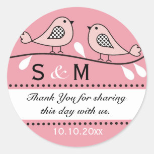 Pink Love Birds Wedding Favour Monogrammed Classic Round Sticker