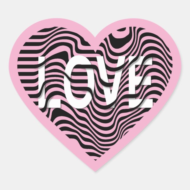 Pink LOVE black white striped heart modern Heart Sticker (Front)