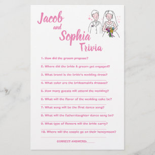 PINK LOVE, BRIDE & GROOM TRIVIA SHOWER GAME CARD