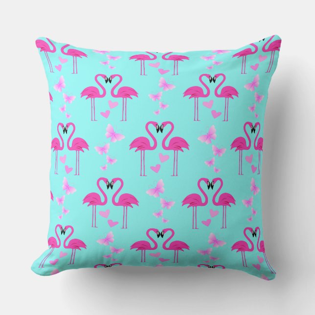 Pink Love Flamingos in Cyan  Cushion (Front)