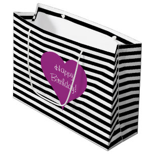 Pink Love Heart Black & White Striped Pattern Text Large Gift Bag