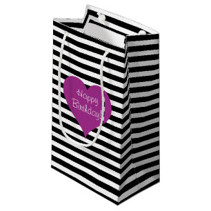 Pink Love Heart Black & White Striped Pattern Text Small Gift Bag