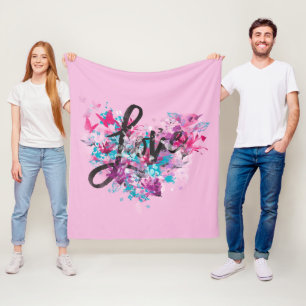 Pink Love Heart Flowers  Fleece Blanket
