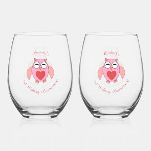 Pink Love Heart Owl Custom 3rd Anniversary Stemless Wine Glass