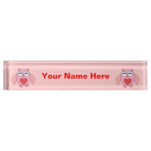 Pink Love Heart Owl Custom Desk Nameplate