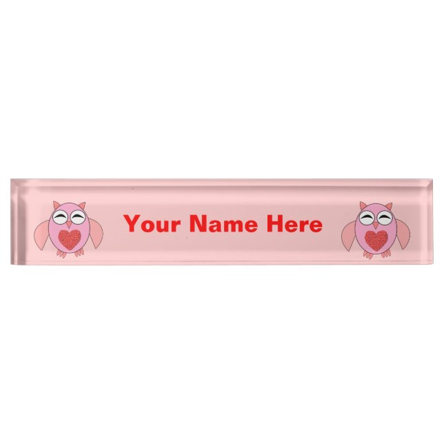 Pink Love Heart Owl Custom Desk Nameplate (Front)