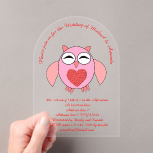 Pink Love Heart Owl Custom Wedding Acrylic Invitations