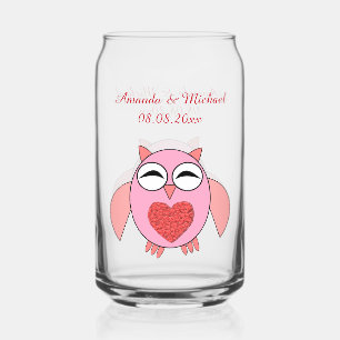 Pink Love Heart Owl Custom Wedding Can Glass