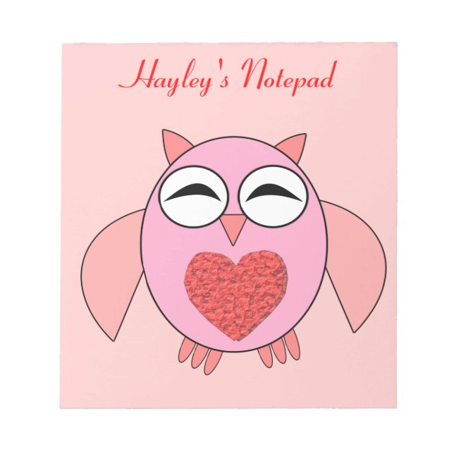 Pink Love Heart Owl Customisable Notepad (Front)