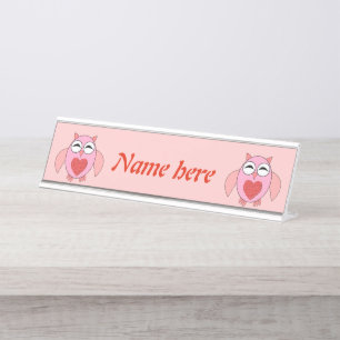 Pink Love Heart Owl Desk Name Plate