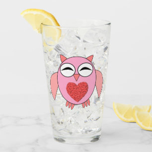 Pink Love Heart Owl Glass