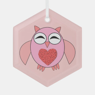 Pink Love Heart Owl Glass Tree Decoration