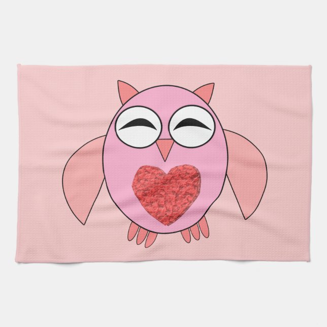 Pink Love Heart Owl Kitchen Towel (Horizontal)