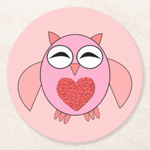 Pink Love Heart Owl Paper Coasters